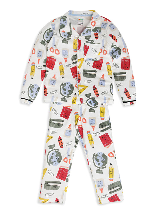CHILINS Boys School Print Night Suit Set | 100% Pure Cotton Full Sleeve Shirt & Pyjama