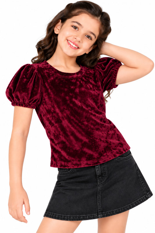 CHILINS Girls Burgundy Velvet Top | Puff Sleeve Round Neck Casual Top