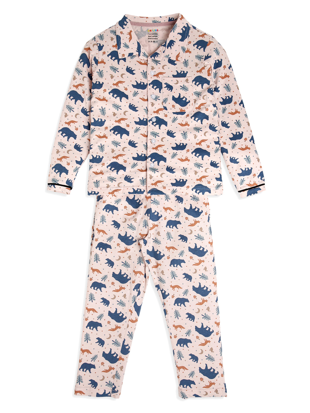 CHILINS Boys Woodland Animal Print Night Suit Set | 100% Pure Cotton Full Sleeve Shirt & Pyjama