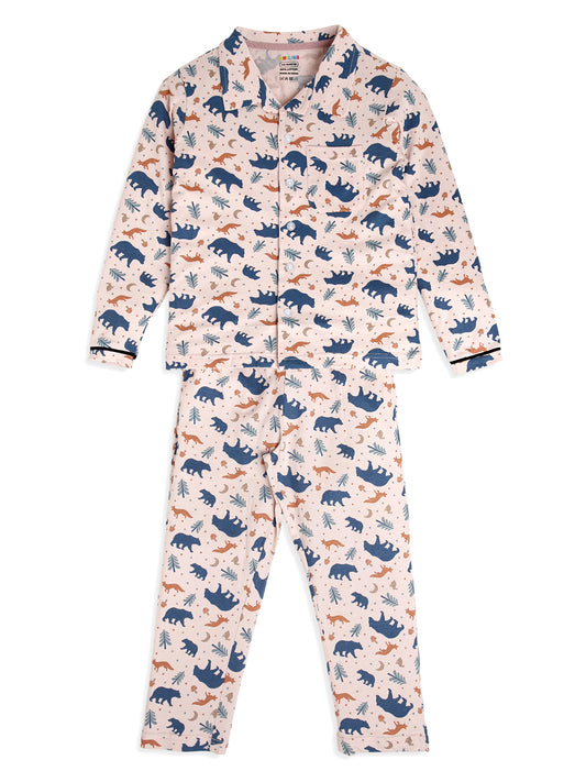 CHILINS Boys Woodland Animal Print Night Suit Set | 100% Pure Cotton Full Sleeve Shirt & Pyjama