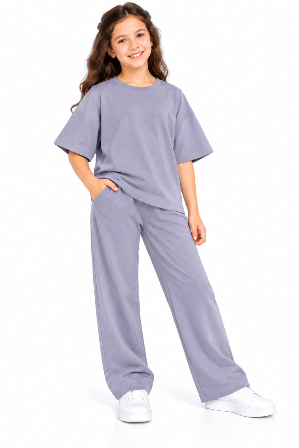 CHILINS Girls Purple Co-Ord Set | Oversized T-Shirt & Wide-Leg Pants