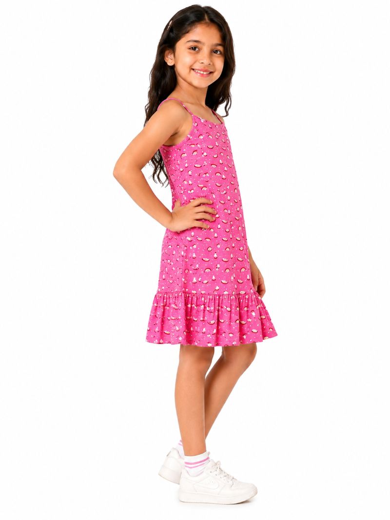 CHILINS Girls Pink Printed Dress | Sleeveless Strappy Casual Dress with Ruffle Hem