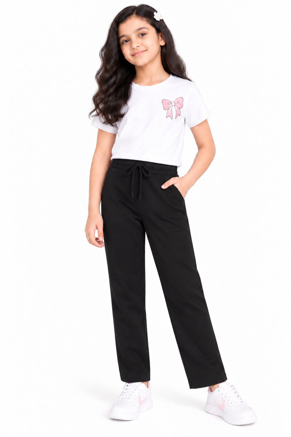 CHILINS Girls Black Cotton Track Pants | Straight-Leg Trousers with Drawstring Waist