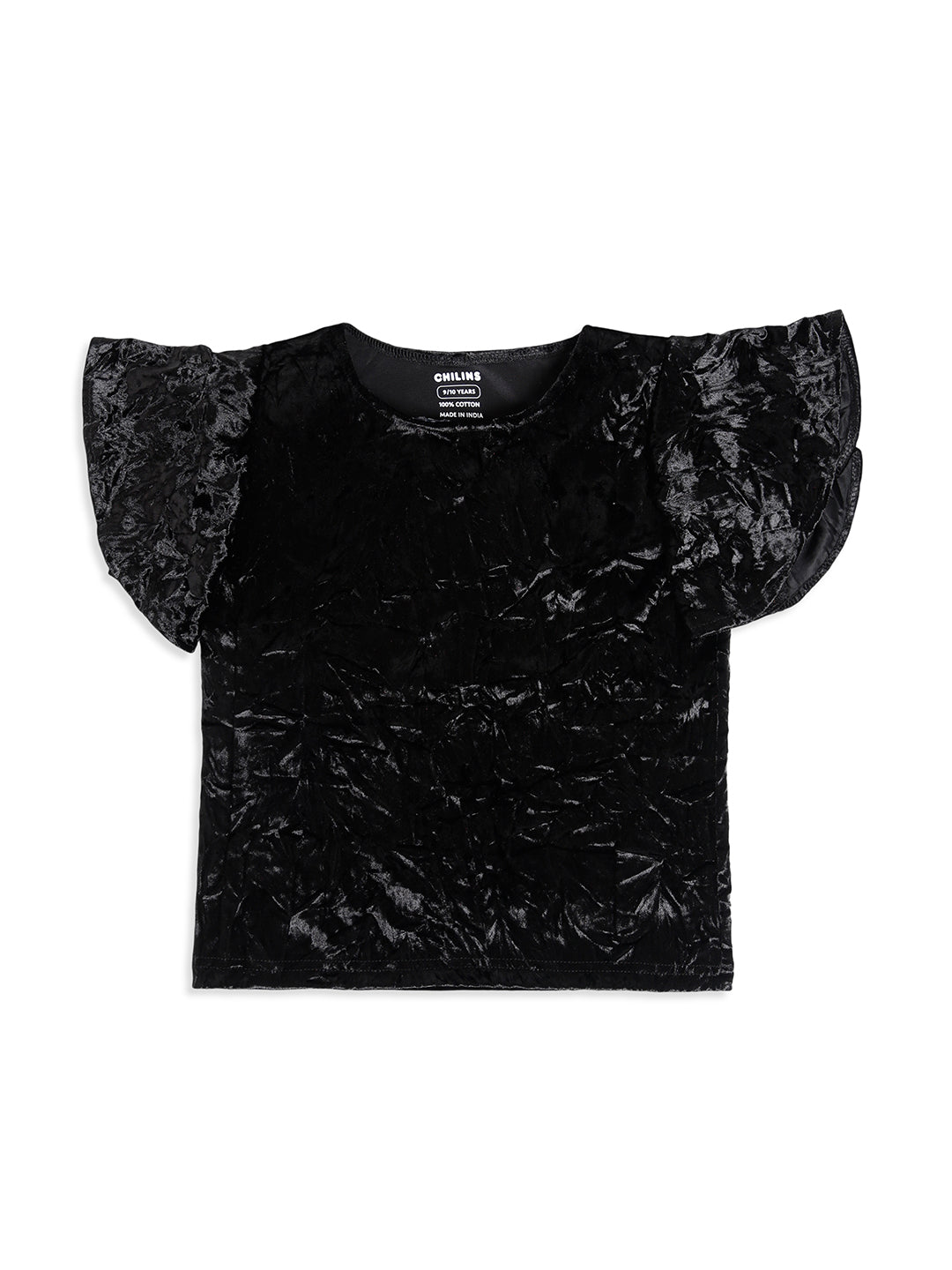 CHILINS Girls Black Velvet Top | Soft Crushed Velvet Flutter Sleeve Party Wear T-Shirt