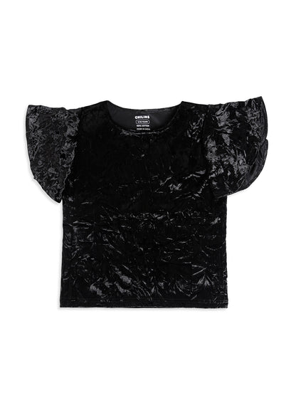 CHILINS Girls Black Velvet Top | Soft Crushed Velvet Flutter Sleeve Party Wear T-Shirt