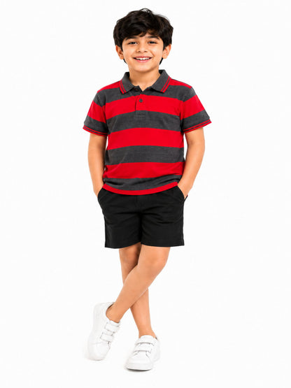 CHILINS Unisex Kids Red & Grey Striped Polo T-Shirt