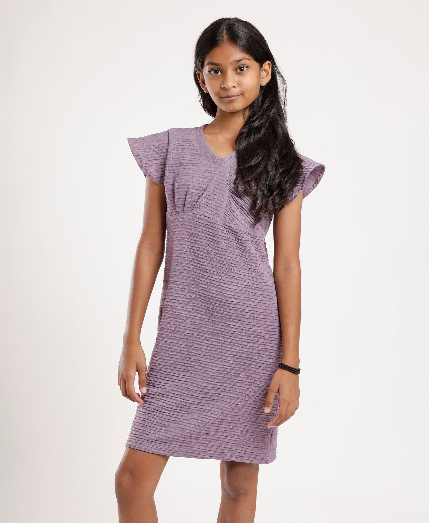 Girls’ Lavender Textured Flutter Sleeve Dress – Soft Comfortable V-Neck Casual & Party Wear Dress for Kids