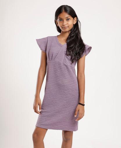 Girls’ Lavender Textured Flutter Sleeve Dress – Soft Comfortable V-Neck Casual & Party Wear Dress for Kids