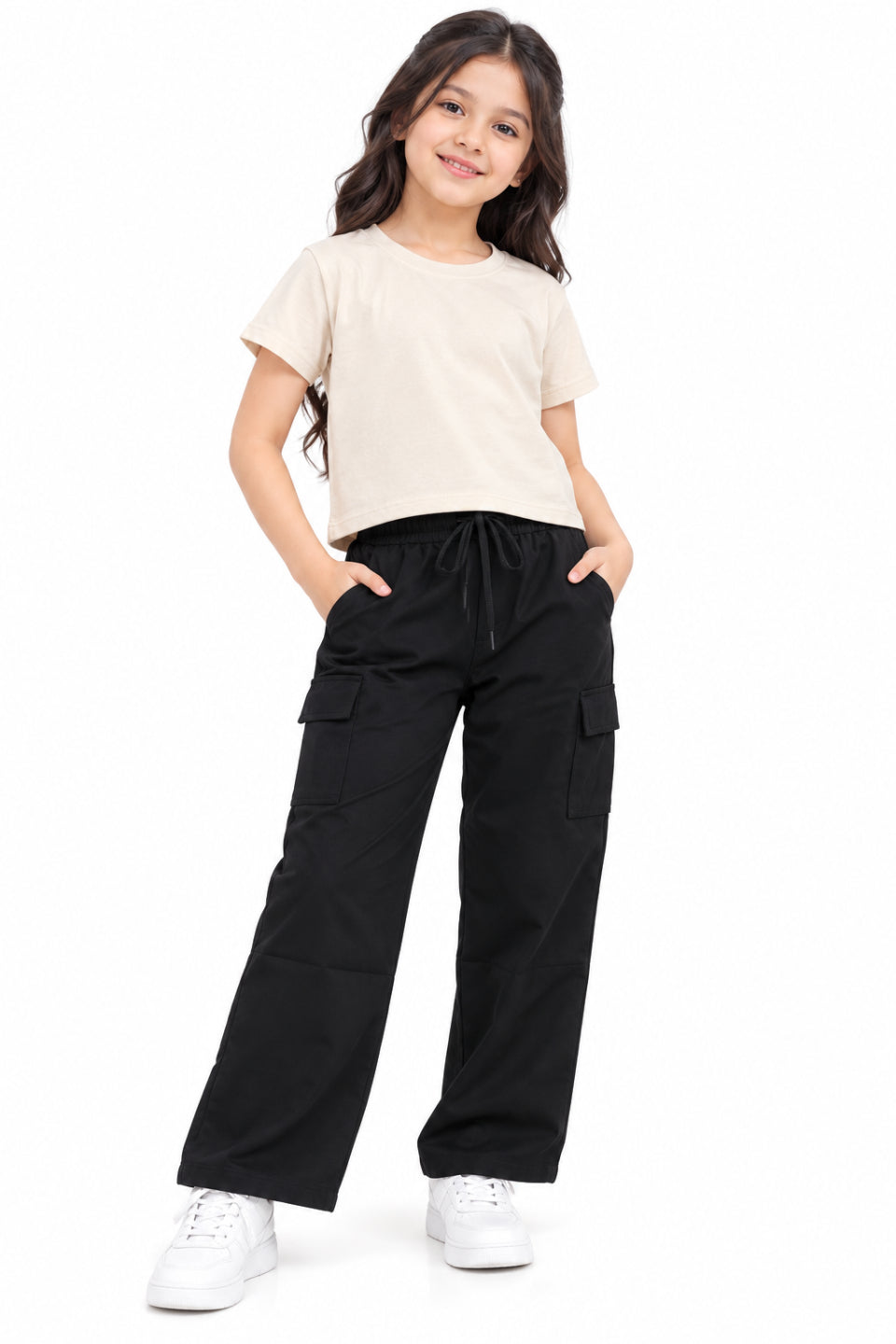 CHILINS Girls Black Cotton Cargo Track Pants | Wide-Leg Trousers with Drawstring Waist