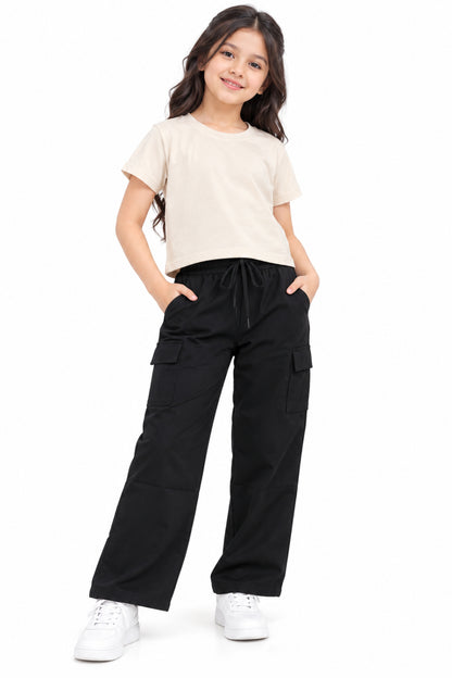 CHILINS Girls Black Cotton Cargo Track Pants | Wide-Leg Trousers with Drawstring Waist
