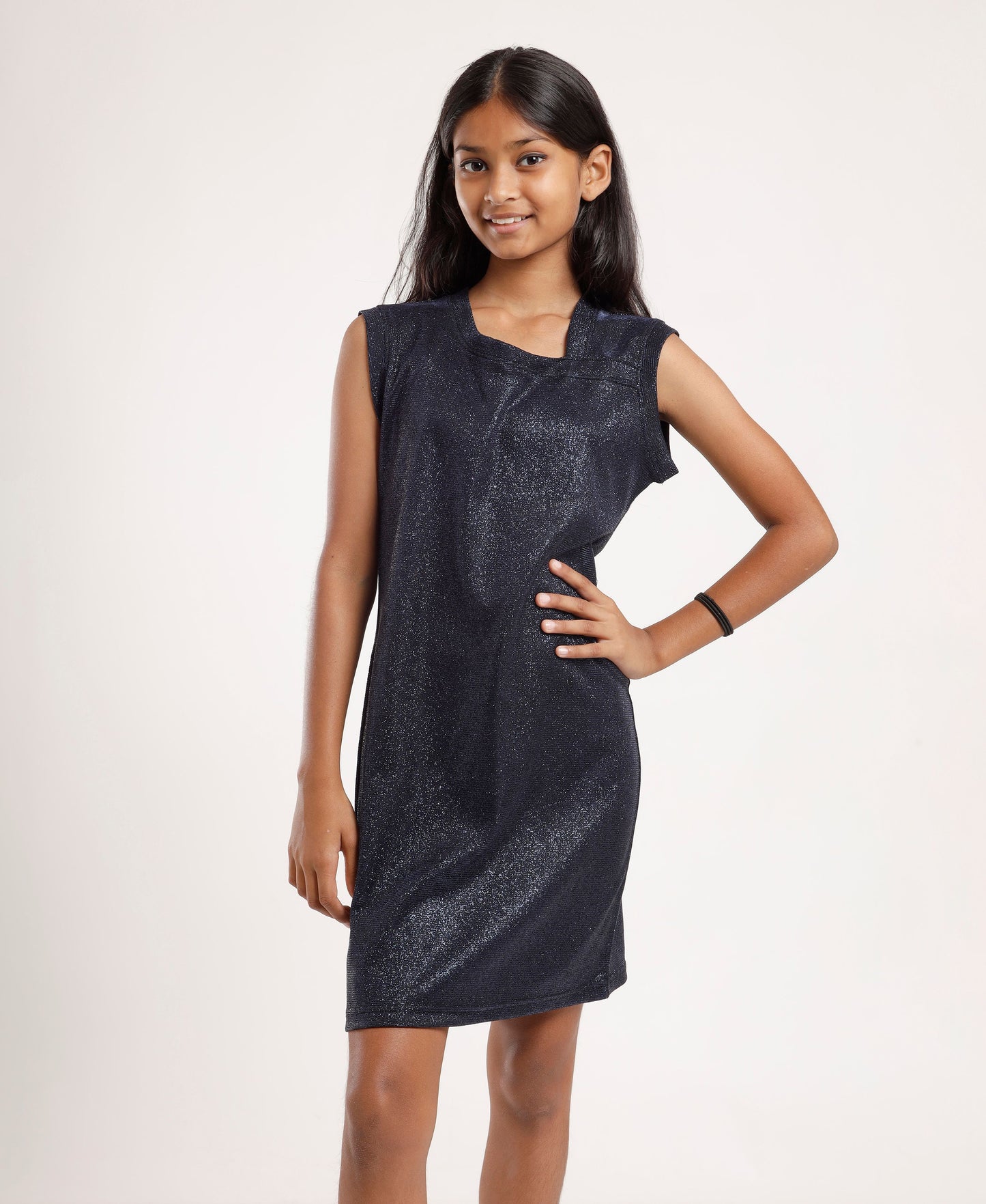 Dark Blue Shimmer Dress – Sleeveless, Structured Neckline, Girls’ Party Wear