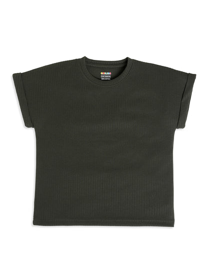 CHILINS Kids Olive Green Textured T-Shirt | Polyester Blended Ribbed Casual Top for Boys & Girls