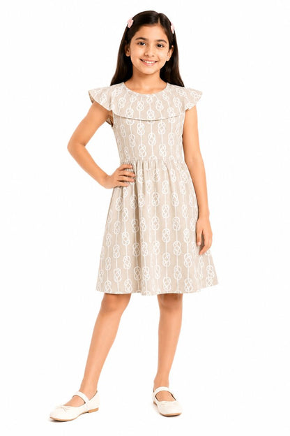 CHILINS Girls Beige Printed Flutter Sleeve Dress