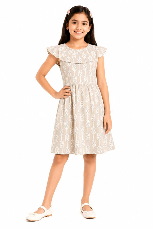 CHILINS Girls Beige Printed Flutter Sleeve Dress