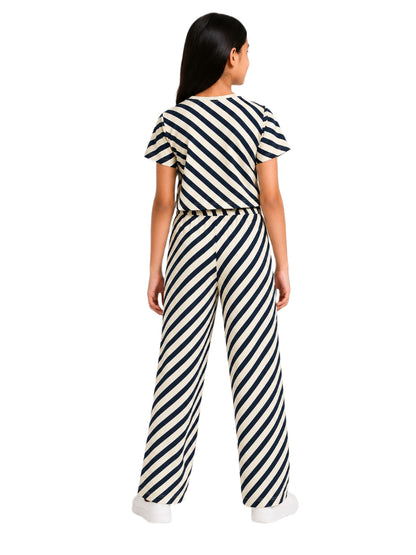 CHILINS Girls Black & cream Striped Lycra Spun Palazzo Co-Ord Set