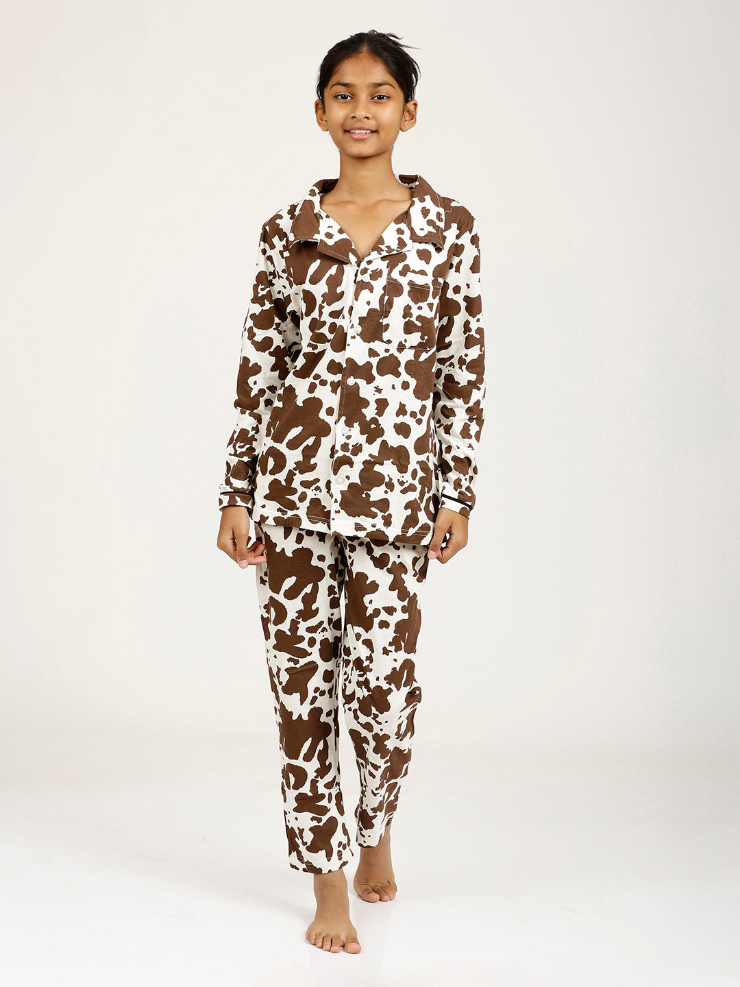 CHILINS Girls Shirt Pyjama Night Dress – Pure Cotton, Brown & Cream