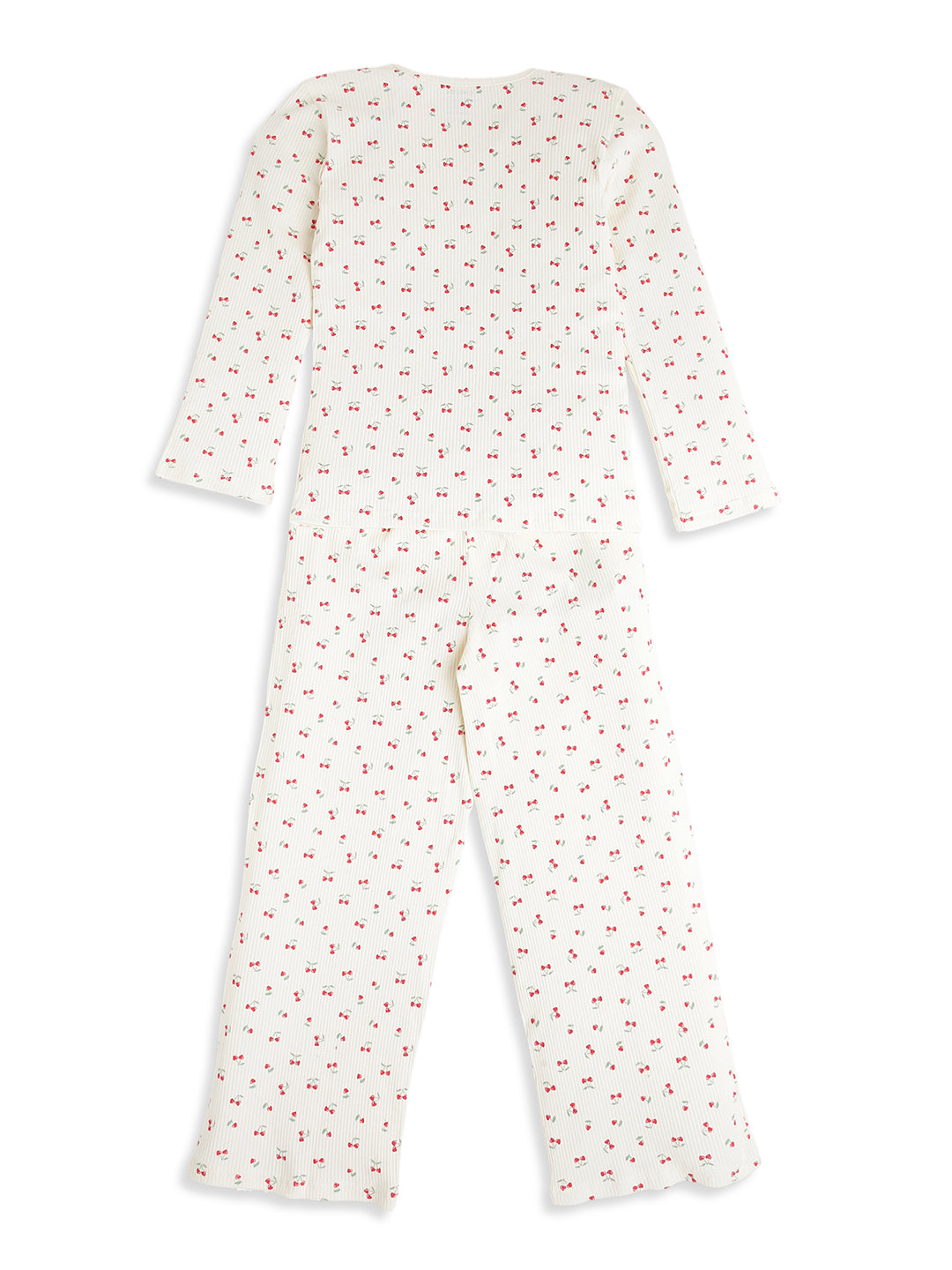 CHILINS Kids Cherry Print Night Suit Set | Soft Ribbed Cotton Full Sleeve Top & Pyjama Set for Girls