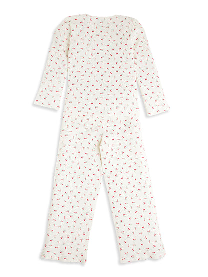 CHILINS Kids Cherry Print Night Suit Set | Soft Ribbed Cotton Full Sleeve Top & Pyjama Set for Girls