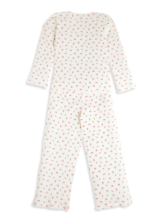 CHILINS Kids Cherry Print Night Suit Set | Soft Ribbed Cotton Full Sleeve Top & Pyjama Set for Girls