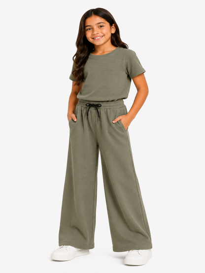 CHILINS Girls Olive Green Textured Top & Wide-Leg Pants Set
