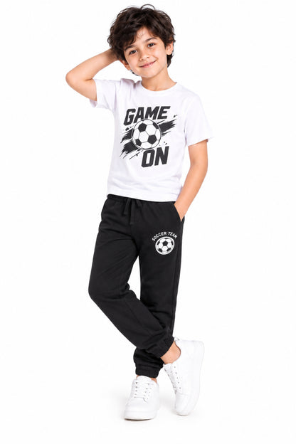 CHILINS Boys Black Joggers | Soccer Print Jogger Pants | Elasticated Waist | Casual & Activewear