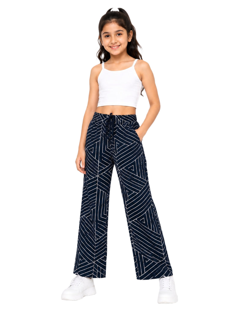 CHILINS Girls Blue Printed Lycra Spun Wide-Leg Palazzo Pants