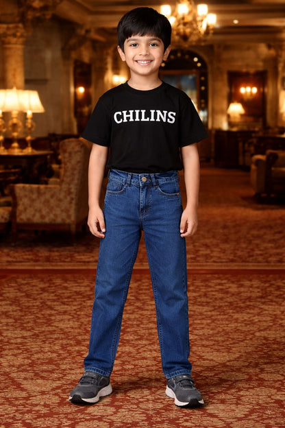 CHILINS Kids Blue Denim Jeans | Button Closure Regular Fit Jeans