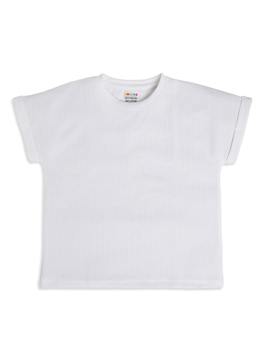 CHILINS Kids White Textured T-Shirt | Polyester Blended Ribbed Casual Top for Boys & Girls
