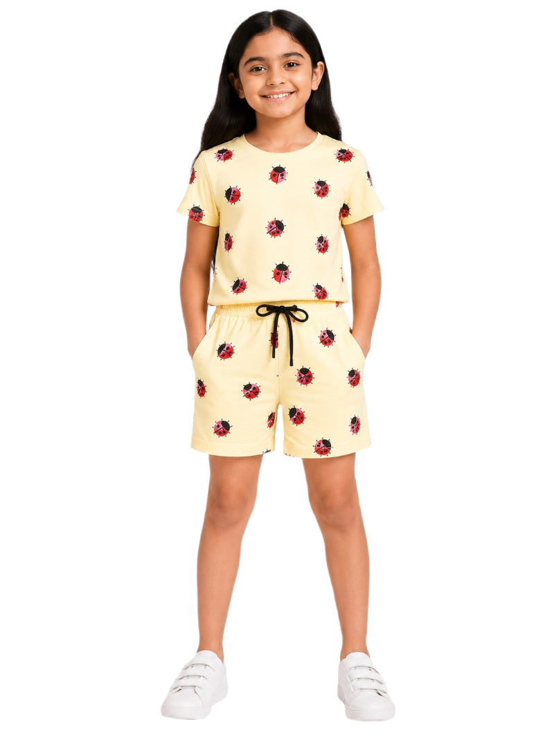 CHILINS Girls Yellow Ladybird Printed T-Shirt & Shorts Set | Kids Cotton Co-Ord Sportswear Set