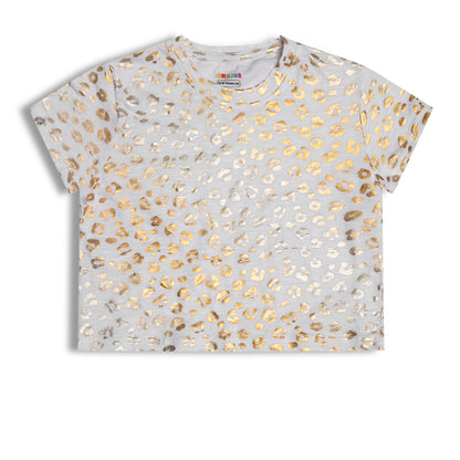 CHILINS Girls White & Golden Animal Print Cotton Crop Top