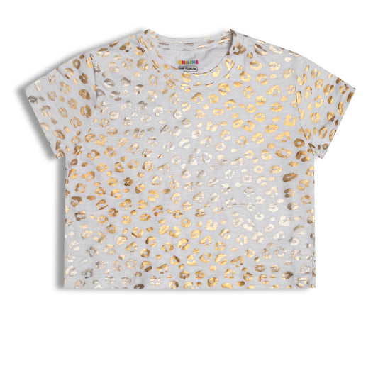 CHILINS Girls White & Golden Animal Print Cotton Crop Top