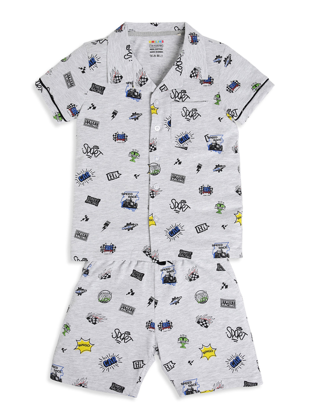 CHILINS Boys Racing Print Night Suit Set | 100% Pure Cotton Half Sleeve Shirt & Shorts