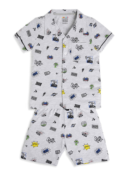 CHILINS Boys Racing Print Night Suit Set | 100% Pure Cotton Half Sleeve Shirt & Shorts