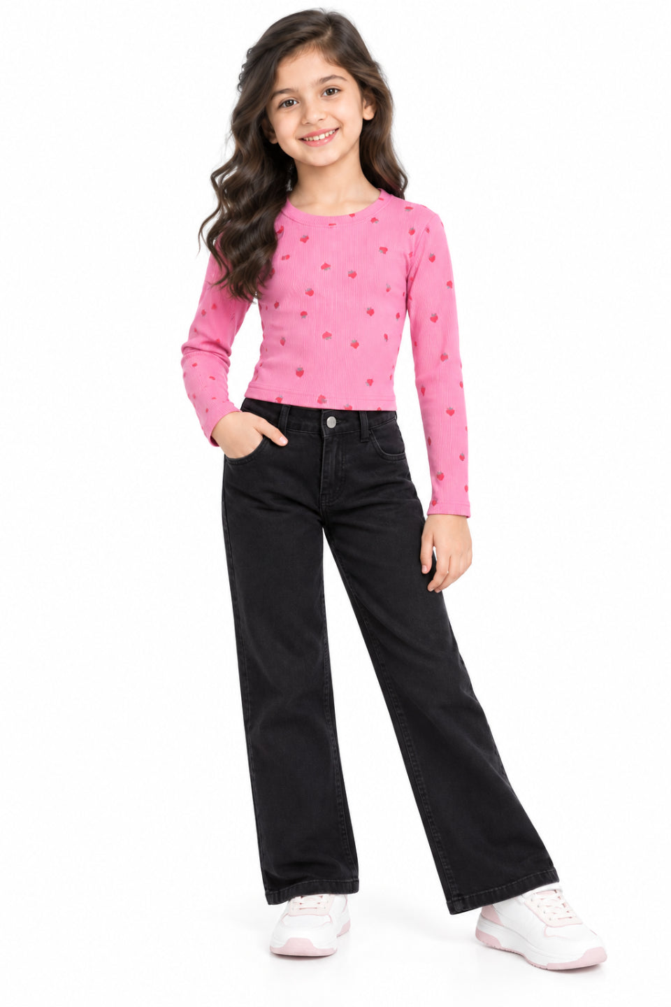 CHILINS Girls Pink Strawberry Print Crop Top | Full Sleeve Round Neck Casual Top