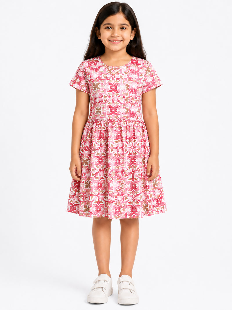 CHILINS Girls Pink Printed Cotton Frock Dress