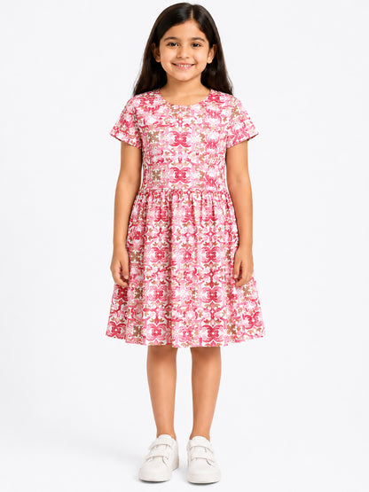 CHILINS Girls Pink Printed Cotton Frock Dress