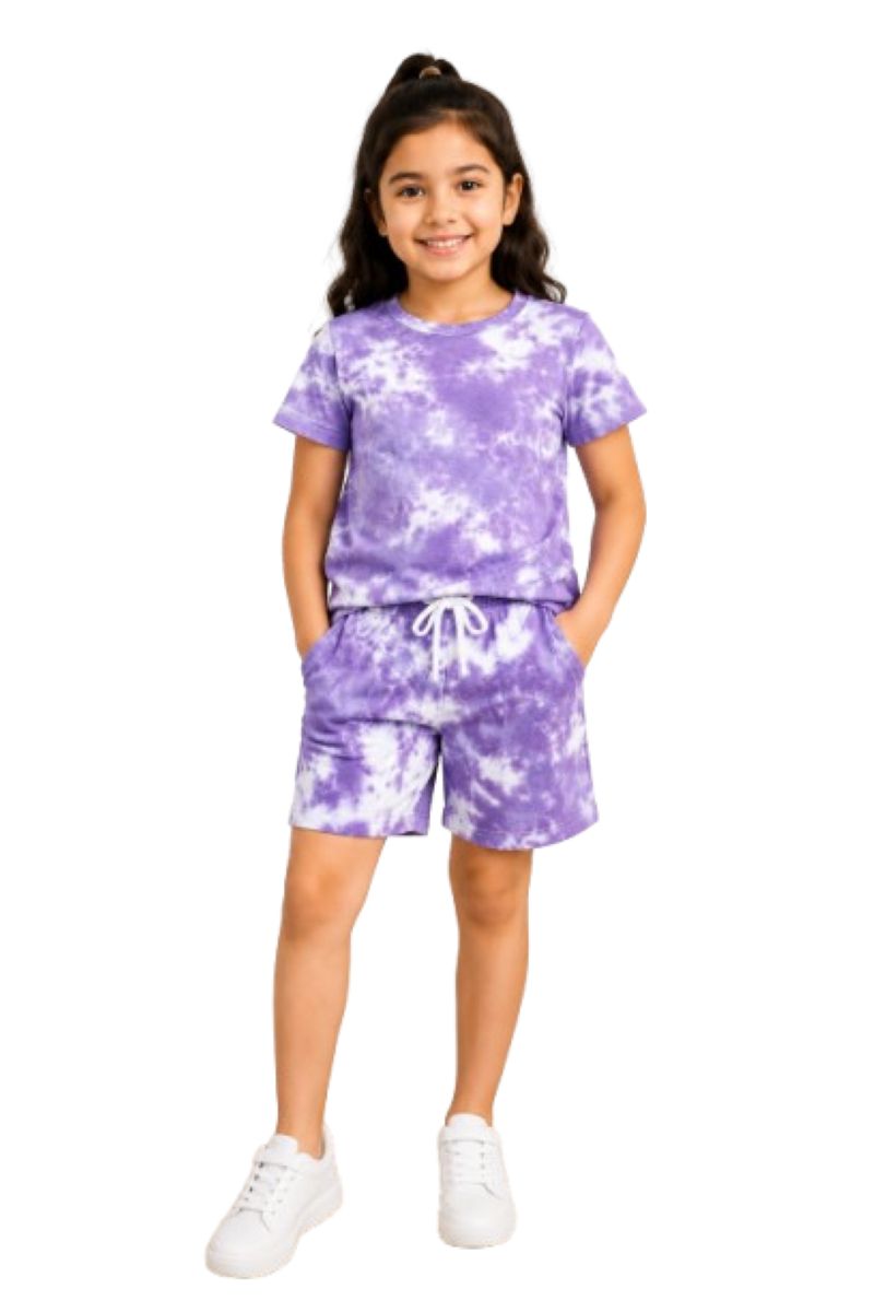 CHILINS Girls Purple Tie-Dye T-Shirt & Shorts Set | Casual Co-Ord Set