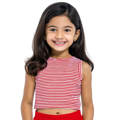 Girl's Solid Crew Neck Ribbed/Knitted Sleeveless Stretchable Slim Fit Crop Tank Top Red