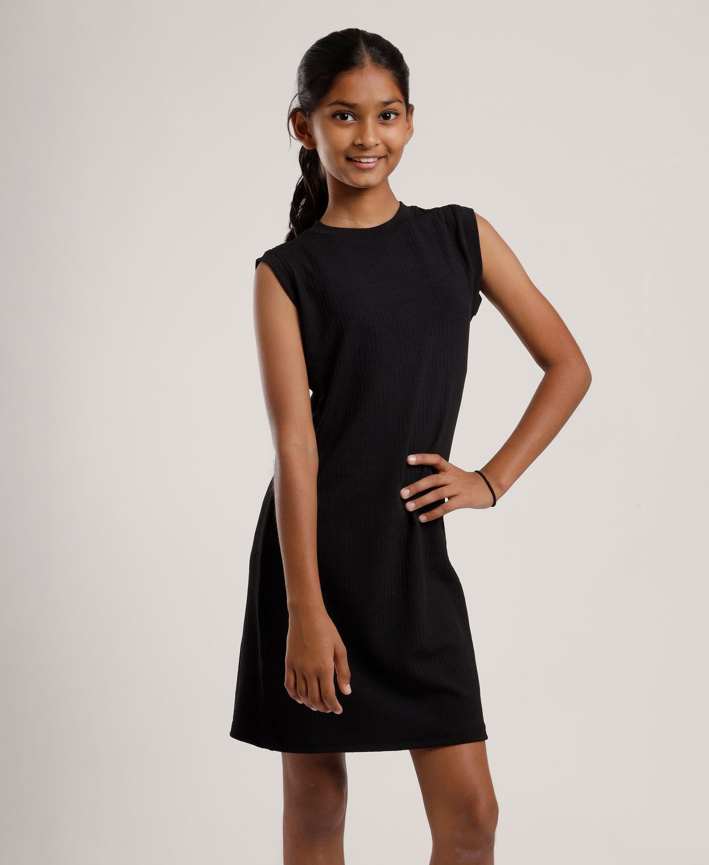 Girls Solid Black Sleeveless Dress | Everyday Knee-Length Casual Wear