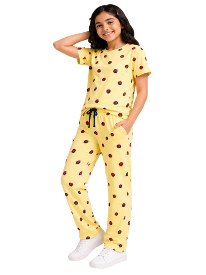 CHILINS Girls Yellow Printed T-Shirt & Pants Co-Ord Set – Casual Loungewear