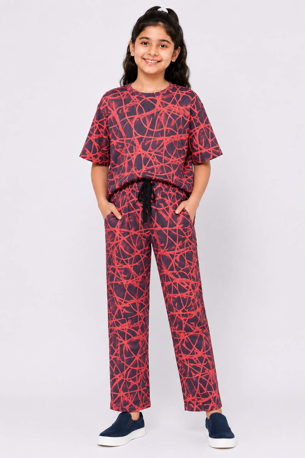 CHILINS Girls Red & Black Printed T-Shirt & Palazzo Pants Co-Ord Set – Casual Wear