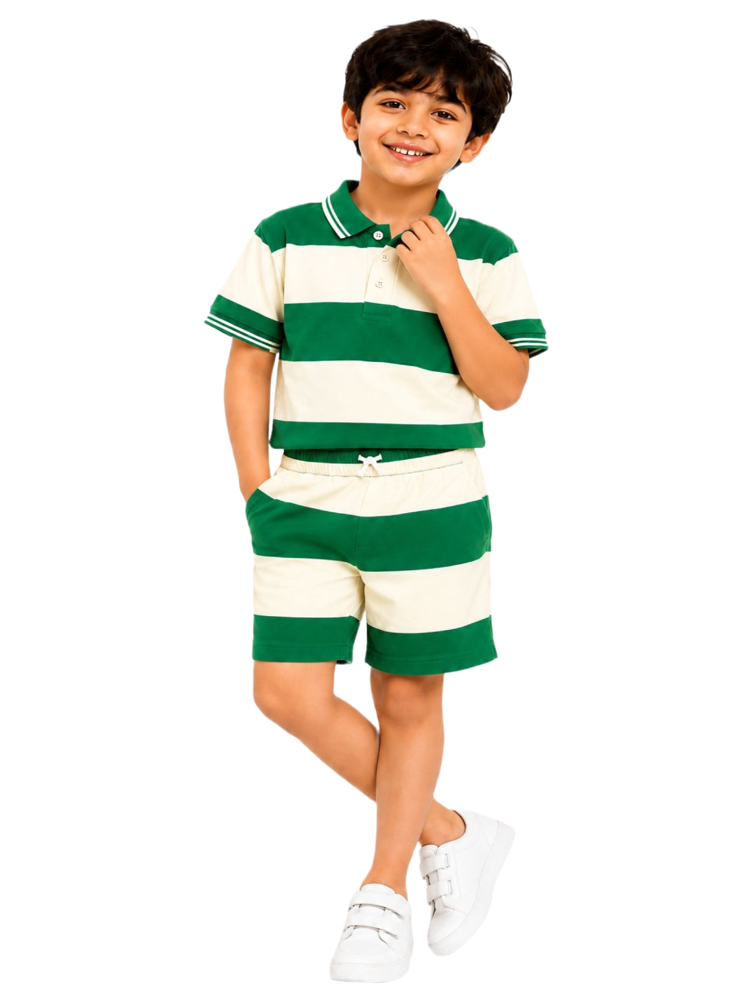 CHILINS Boys Green & White Striped Polo T-Shirt & Shorts Set