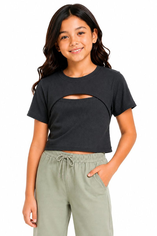 CHILINS Girls Black Short Sleeve Cut-Out Crop Top