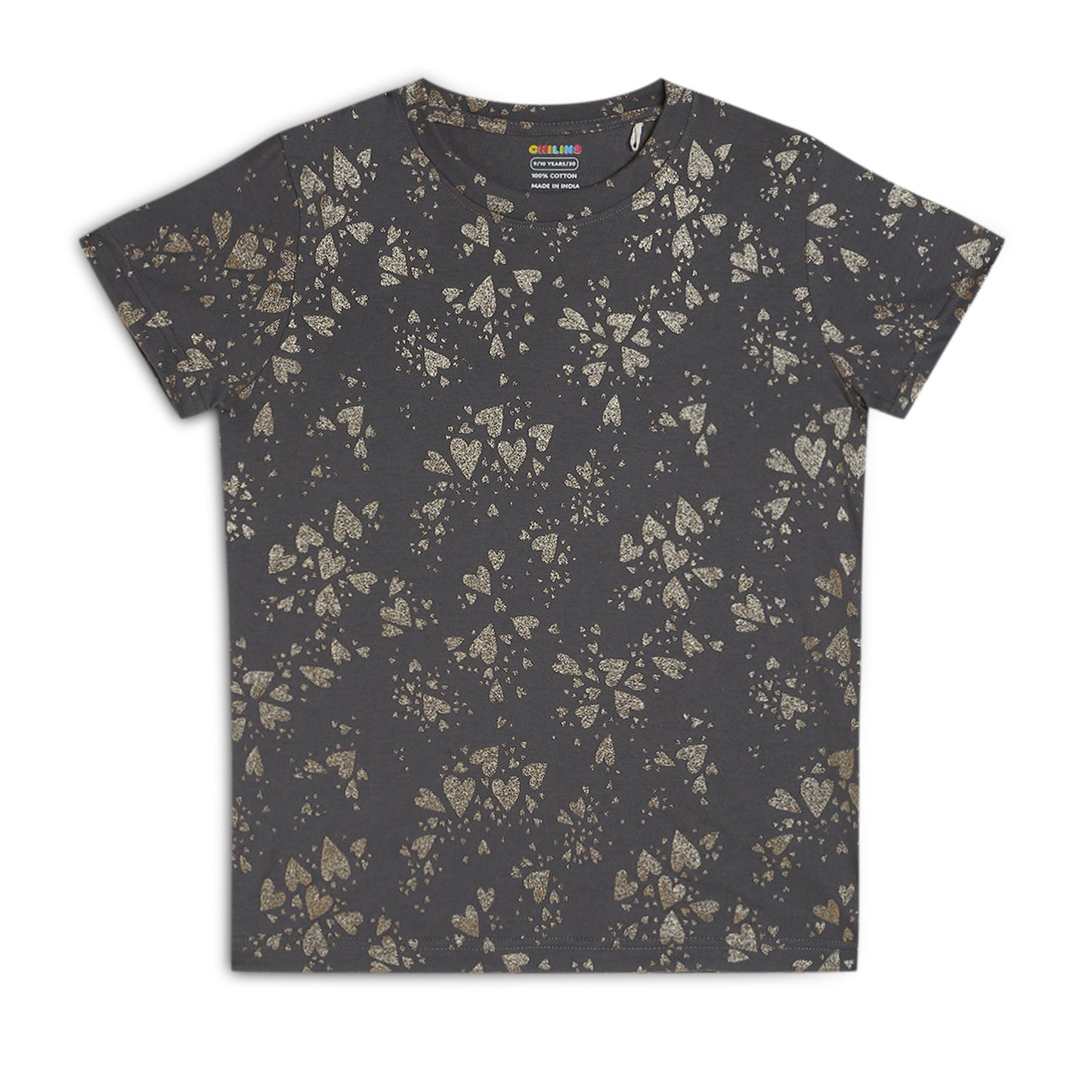 Kids Girls Regular Round Neck Cotton Fit T-Shirt Grey Gold Print