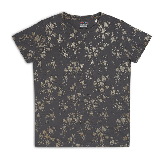 Kids Girls Regular Round Neck Cotton Fit T-Shirt Grey Gold Print