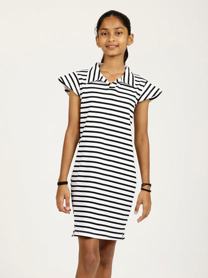 CHILINS Girls Pure Cotton Ribbed Casual Dress – White & Black Striped