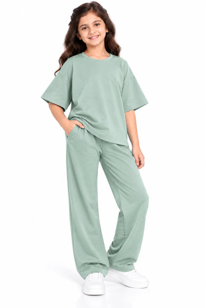 CHILINS Girls Mint Green Co-Ord Set | Oversized T-Shirt & Wide-Leg Pants