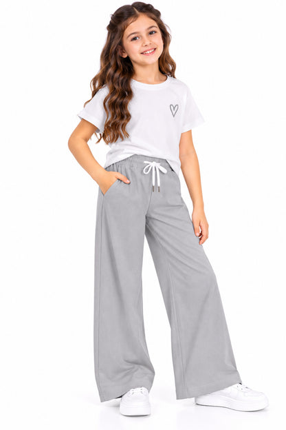 CHILINS Girls Grey Wide Leg Palazzo Pants | Elasticated Waist Casual Trousers