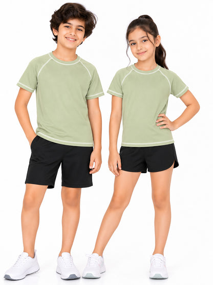 CHILINS Kids Sage Green Sports T-Shirt | Boys & Girls | Raglan Sleeves | Contrast Stitching