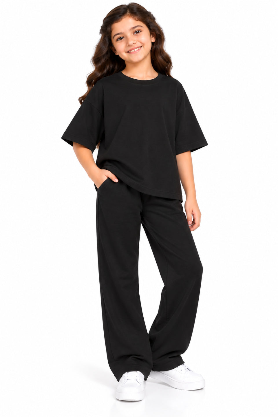 CHILINS Girls Black Co-Ord Set | Oversized T-Shirt & Wide-Leg Pants
